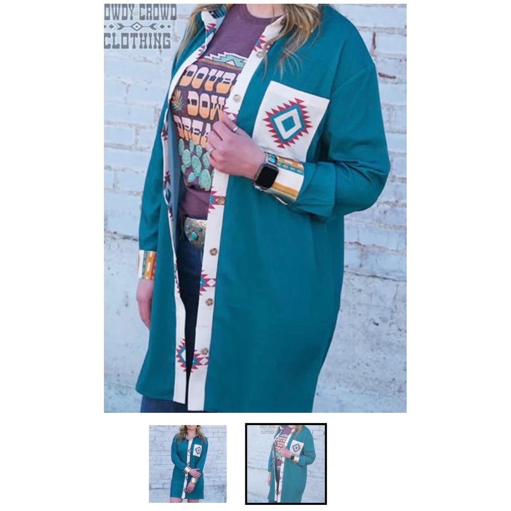 Rowdy Crowd Clothing Dutton Duster Dress‎ XL Teal Southwestern Button Up Shirt - Picture 3 of 5